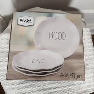 PARINI Rae Dunn Inspired! 4 Pc 10" White Ceramic Plate Set! New in Box